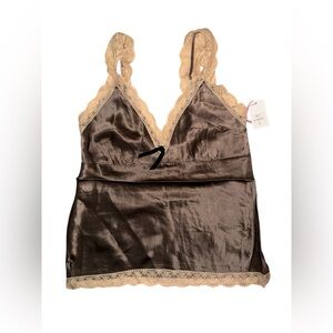 Gold hawk 100% washable silk camisole medium chestnut brown and cream lace trim